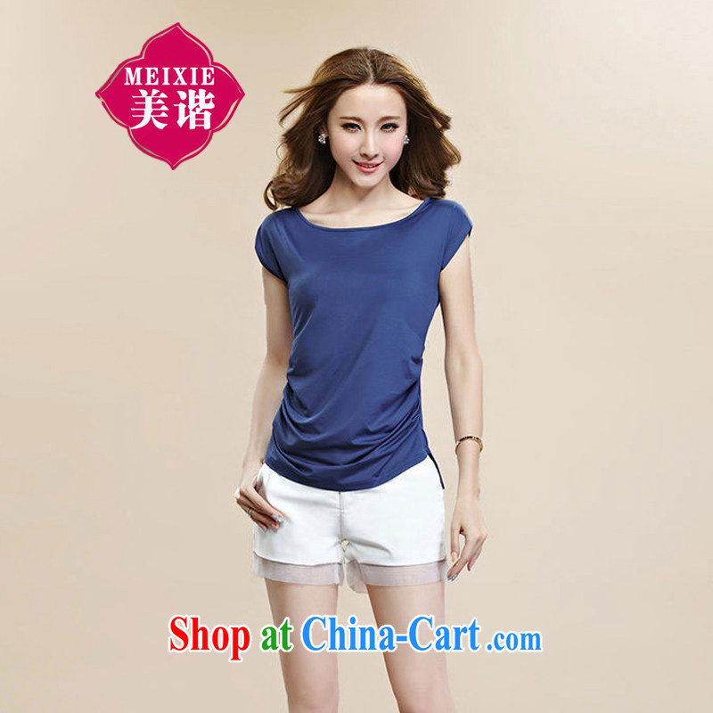 The US market is the female summer short-sleeve girls T-shirt Han version T pension 2015 summer new, simple and elegant and relaxed thick mm video thin casual T-shirt denim blue XXXL counters quality, and the US market (MEIXIE), online shopping