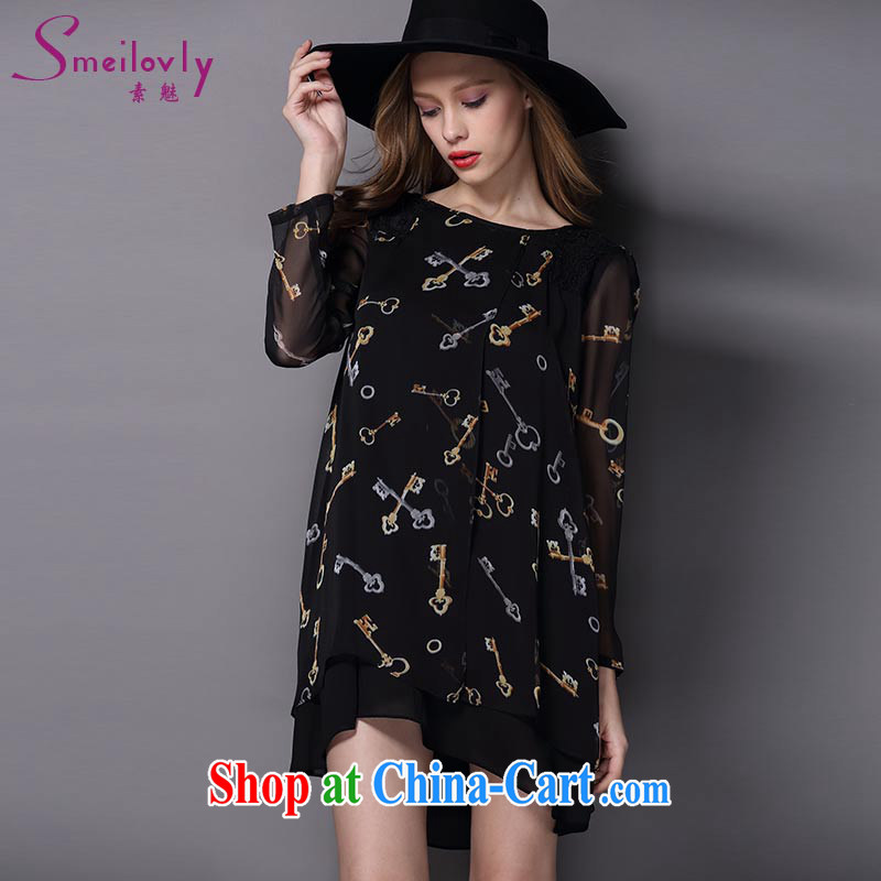 Director of 2015 spring new and indeed increase, female retro stamp long-sleeved snow woven dresses 2827 black large code 5 XL 200 Jack left and right