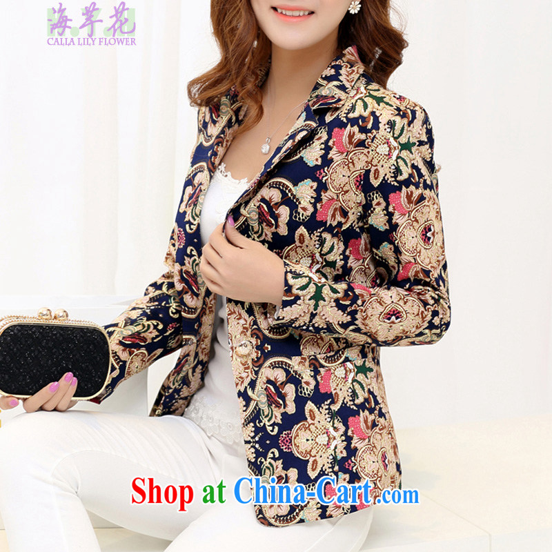 The line spend a lot code female Korean version of the new, the waist graphics thin Beautiful Stamp female suits spring women jacket coat 2 A 2786 retro Navy 4 XL