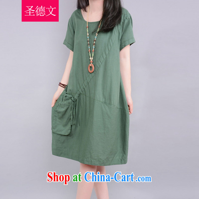 The German 2015 spring and summer new female dress Korean version the Code women mm thick pocket casual relaxed short-sleeved cotton the solid skirt female Green XXL