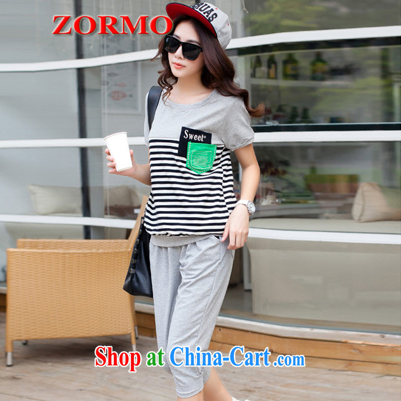 ZORMO Korean female thick mm larger Leisure package stripes short-sleeved T-shirt + cotton pants in 2 piece Sport Kits gray XXXL, ZORMO, shopping on the Internet