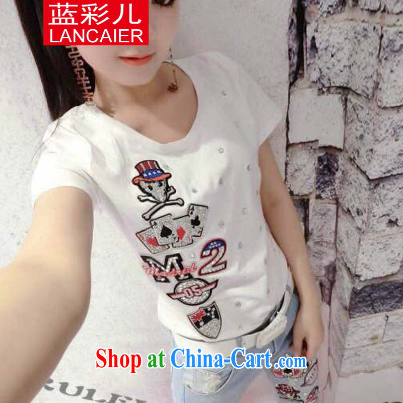 Blue colored Children's European site spring and summer with new stylish to manually staple drill poker T-shirt + jeans Kit white S, blue color (Lancaier), online shopping