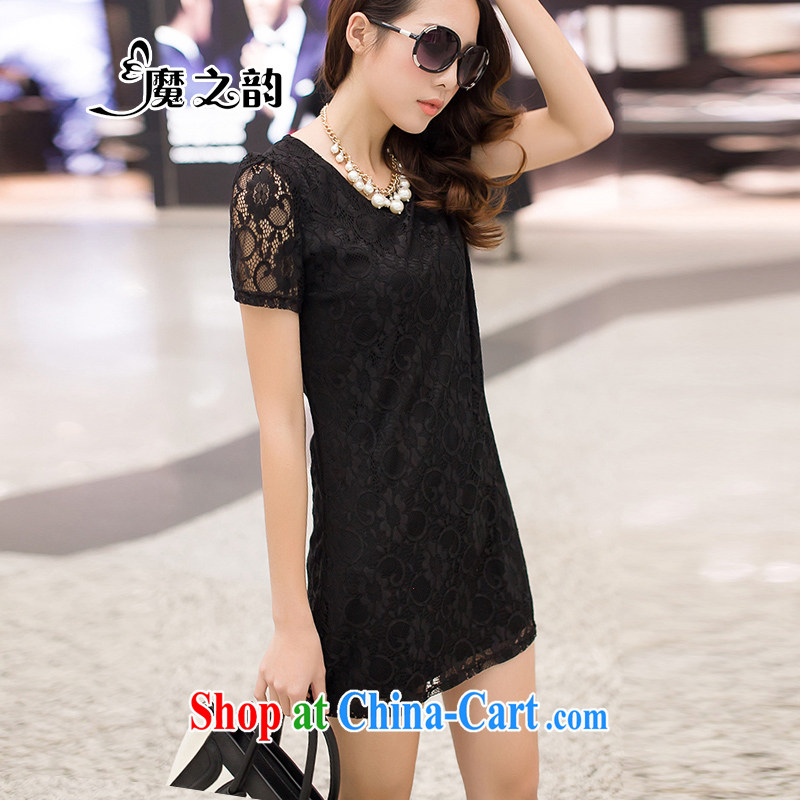 Magic of the larger women's clothing NEW GRAPHICS thin ladies short-sleeved toner, black thick people lace Openwork double-yi skirt D 8 2305 black XL, magic of the Rhine, shopping on the Internet