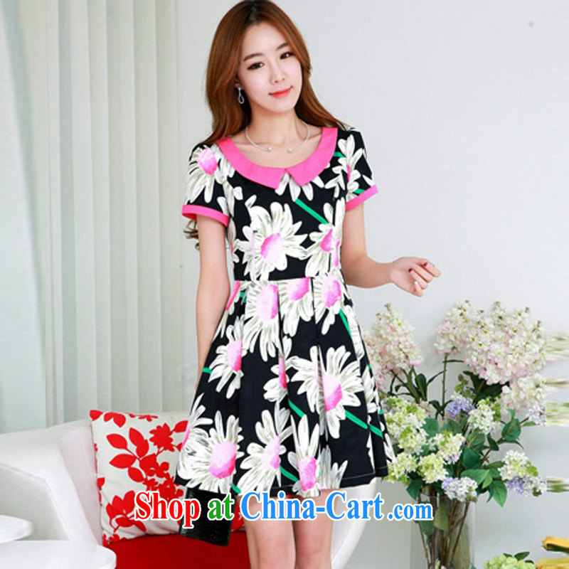 Land is the Yi 2015 summer new Korean version of the greater code female thick MM classic over short-sleeved Sun Flower stamp the word hem dresses 11,133 black XXXXL, land is still the garment, shopping on the Internet