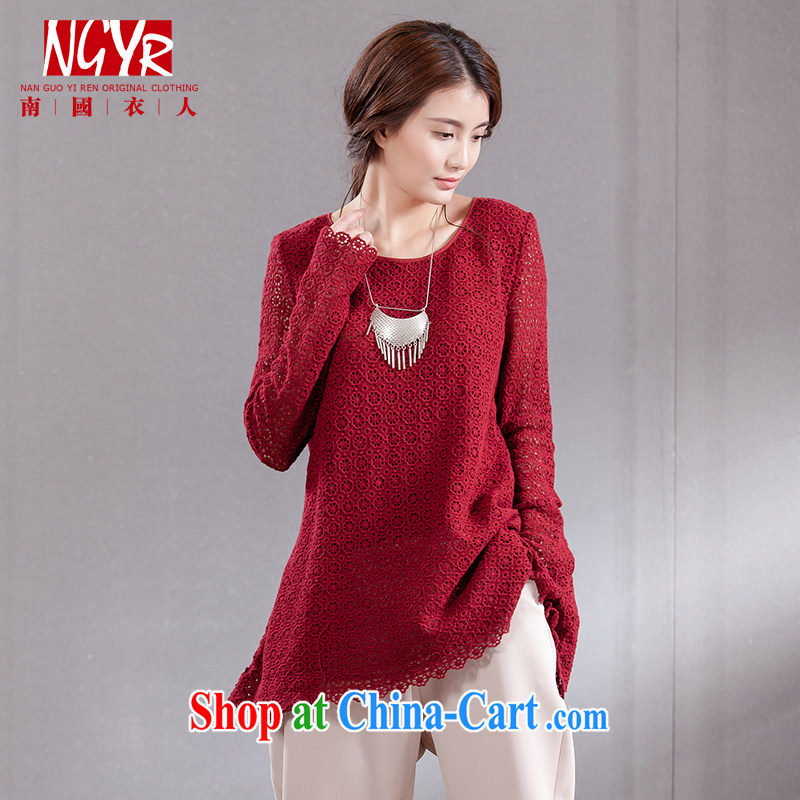 Xiao Nan Guo Yi people spend to ensure a big code units the commission female hook flower Openwork double spell yarn long-sleeved T-shirt loose female Red L _chest of CM 108 _