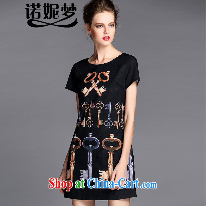 Connie's dream European and American high-end and indeed increase, female 200 Jack 2015 summer new stylish key stamp graphics thin style short-sleeved dresses G 066 black XXXXXL