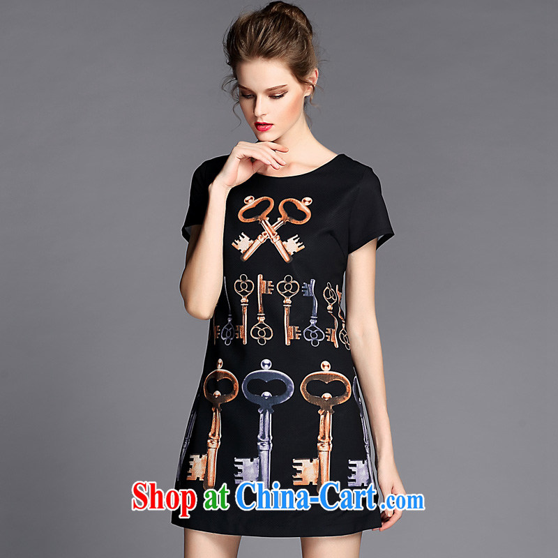 Connie's dream European and American high-end and indeed increase, female 200 Jack 2015 summer new stylish key stamp graphics thin style short-sleeved dresses G 066 black XXXXXL, Connie dreams, shopping on the Internet