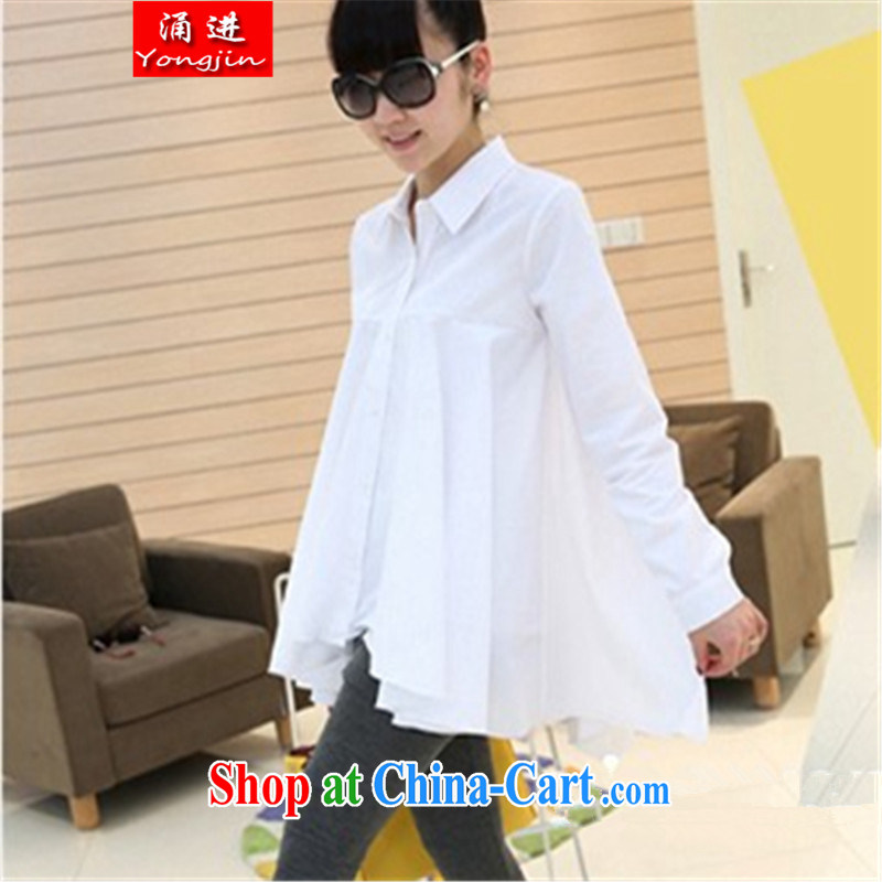 The 2015 summer new, loose the code ladies lapel, long, high-waist shirt long-sleeved 100 ground leisure increase edition T-shirt 802 white XXXL