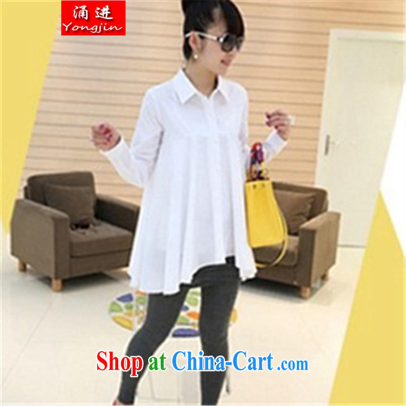 The 2015 summer new, loose the code female roll collar, long, high-waist shirt long-sleeved 100 ground leisure increase edition T-shirt 802 white XXXL, Chung, and shopping on the Internet