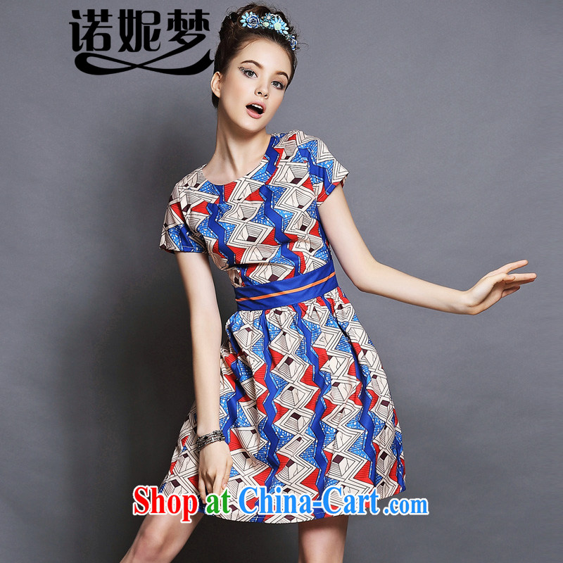 Connie's dream high-end in Europe and indeed the XL women 2015 new summer mm thick elegant antique stamp beauty graphics thin short-sleeved dresses G 124 blue XXXL