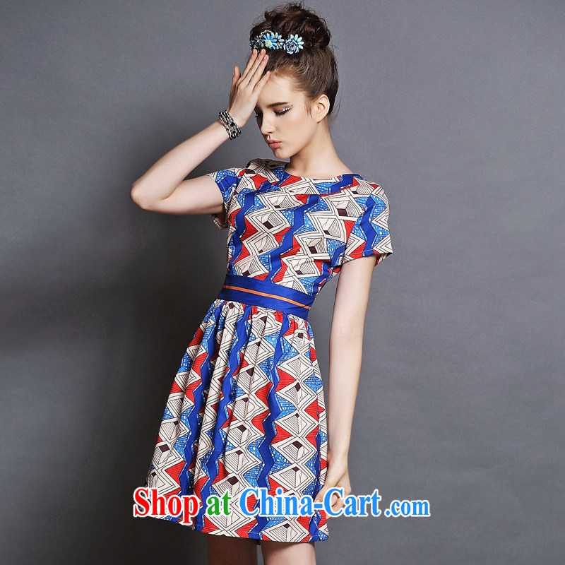 The Connie was a high-end European and American fare is indeed increasing, female 2015 new summer mm thick elegant antique stamp beauty graphics thin short-sleeved dresses G 124 blue XXXL, Connie dreams, shopping on the Internet