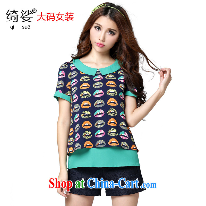 cheer for 2015 spring and summer new, larger female thick sister graphics thin stamp Peter Pan retro short-sleeved shirt T TS 2662 green 5 XL