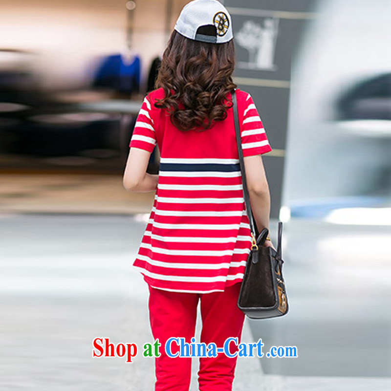 Adjourned accordingly at five minutes to the United States, women with thick MM summer 2015 Korean version of the new, the sister is indeed a short-sleeved shirt T 7 pants striped cotton leisure suite 8001 Blue Kit XXXXL. To us, shopping on the Internet