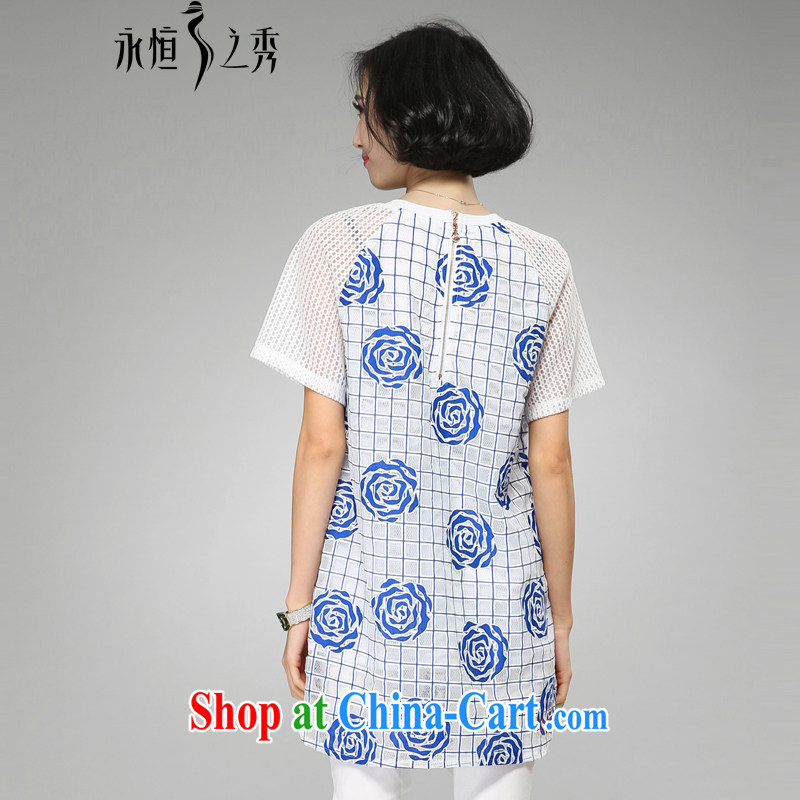 Eternal-soo and indeed increase, female, long T-shirt 2015 summer wear thick, graphics thin thick sister new Korean fashion blossoms loose round-collar T-shirt blue 4 XL, eternal, and the show, and online shopping