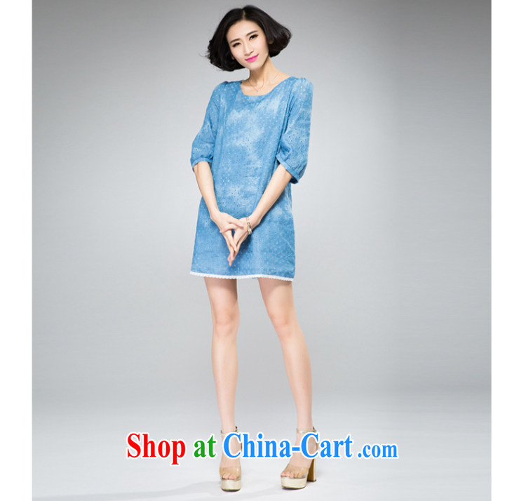 Eternal show the code women's clothing dresses 2015 spring and summer wear thick sister new, thick, graphics thin girls with long, water wash denim Openwork bubble sleeve T-shirt dress with light blue jeans blue 4 XL pictures, price, brand platters! Elections are good character, the national distribution, so why buy now enjoy more preferential! Health