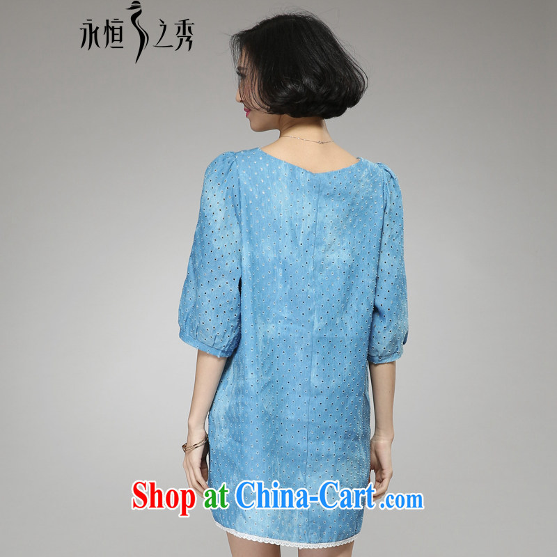 Eternal show the code women's clothing dresses 2015 spring and summer with thick sister new, thick, graphics thin female, long, water wash denim Openwork bubble sleeve T-shirt dress with light blue jeans blue 4 XL, eternal, and the show, and online shopping
