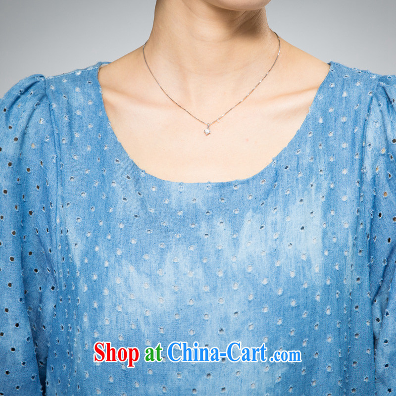 Eternal show the code women's clothing dresses 2015 spring and summer with thick sister new, thick, graphics thin female, long, water wash denim Openwork bubble sleeve T-shirt dress with light blue jeans blue 4 XL, eternal, and the show, and online shopping