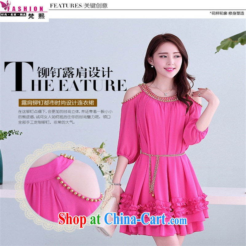 Van Gogh Hee-thick sister Korean loose the fat XL female snow woven dresses summer rivets decorative skirt flows (the belt) rose red M, Van Gogh-hee, shopping on the Internet