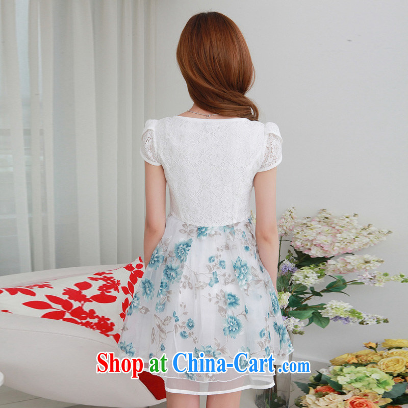 Summer NOS new Korean version of the greater code dress stylish lace European root yarn stamp graphics thin dresses Q 983,591 large blue code 4 XL, thin (NOS), online shopping