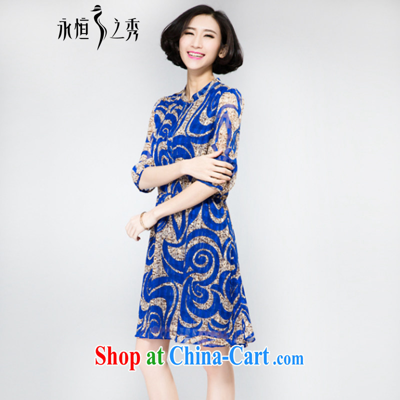 Eternal-soo and indeed increase, female dresses 2015 spring and summer thick sister fat, Video thin New Gold, stamp duty and elegant 5 cuff dress blue 3 XL, eternal, and the show, and online shopping