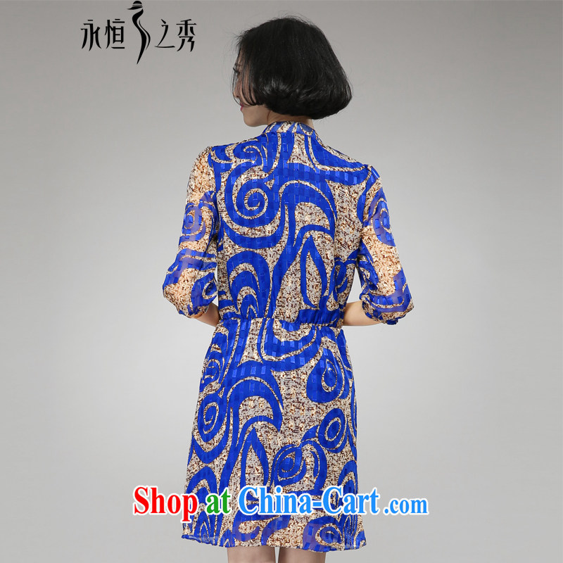 Eternal-soo and indeed increase, female dresses 2015 spring and summer thick sister fat, Video thin New Gold, stamp duty and elegant 5 cuff dress blue 3 XL, eternal, and the show, and online shopping