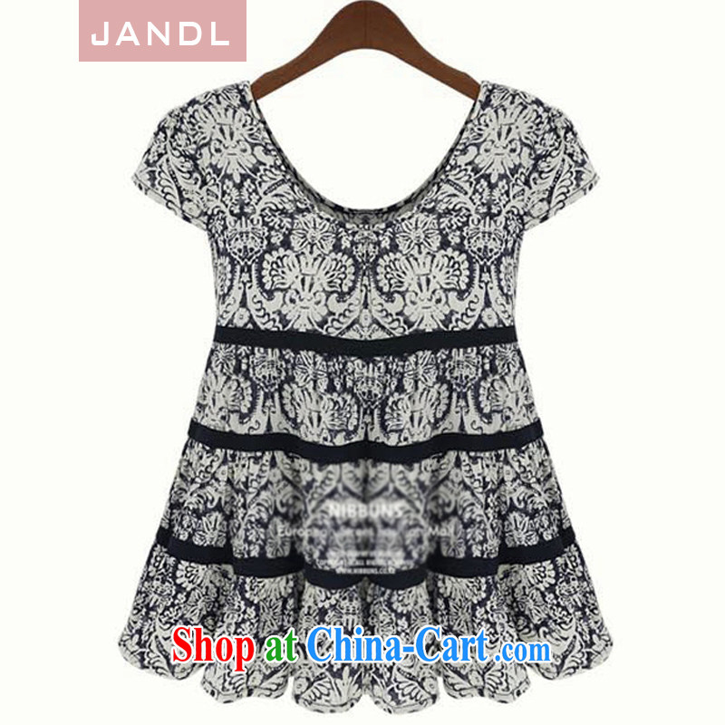 JANDL 2015 spring new larger female small floral short-sleeved round-collar cake short skirt ultra-short dress light gray XL
