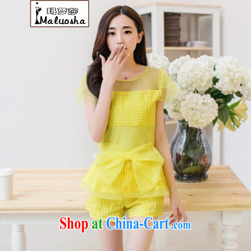 Margaret Elizabeth Kahlo's 2015 summer new Korean version small Hong Kong wind of beauty-yuan style lace T-shirt shorts Leisure package two-piece yellow S