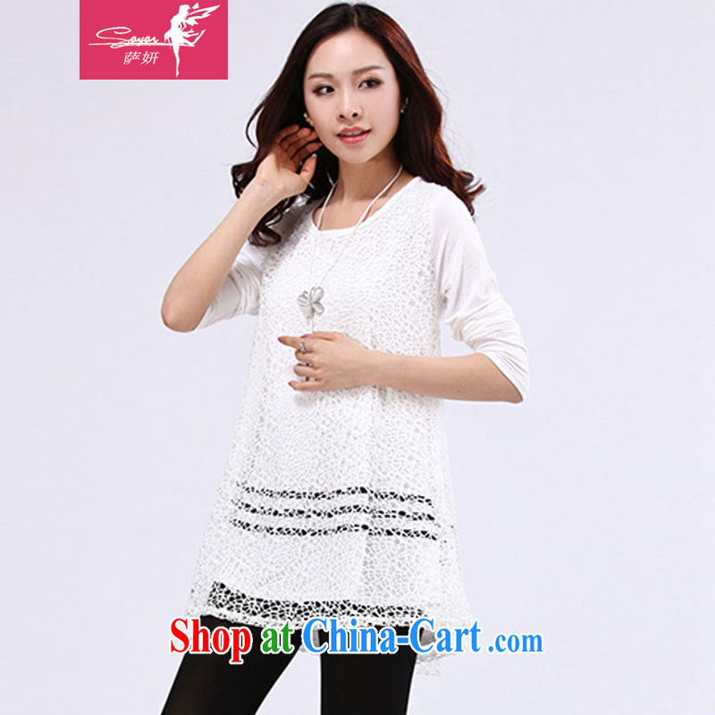 Mr. Yu-na 2015 summer new women with larger female graphics thin thick sister Korean lace stitching long-sleeved shirt T female summer - 6028 white XXXXXL