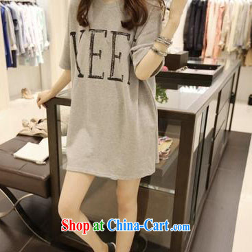 Korean loose the Code women in long, simple letter round-collar short-sleeve shirt T 510 light gray XL