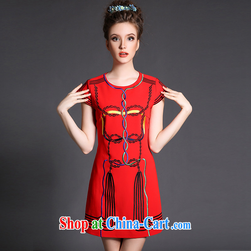 Connie's dream 2015 new summer is the XL female 200 Jack high-end European and American short-sleeved dresses embroidery style graphics thin skirt G 1572 red XXXL, Connie dreams, shopping on the Internet