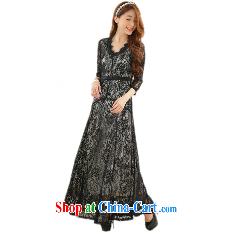 The delivery package as soon as possible the European and American style Openwork lace long skirt XL stylish beauty V collar elegant dress 7 cuff spring and summer women black 3 XL approximately 165 - 180 jack