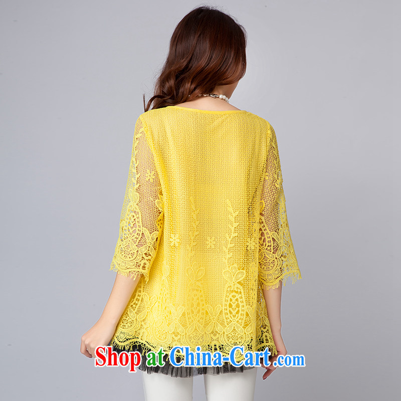 Jade her Korean version of the greater Code women dresses 2015 spring and summer, thick MM graphics thin hook flower Openwork lace solid dress shirt female lemon yellow 3XL (recommendations 140 - 160 catties, jade, and shopping on the Internet