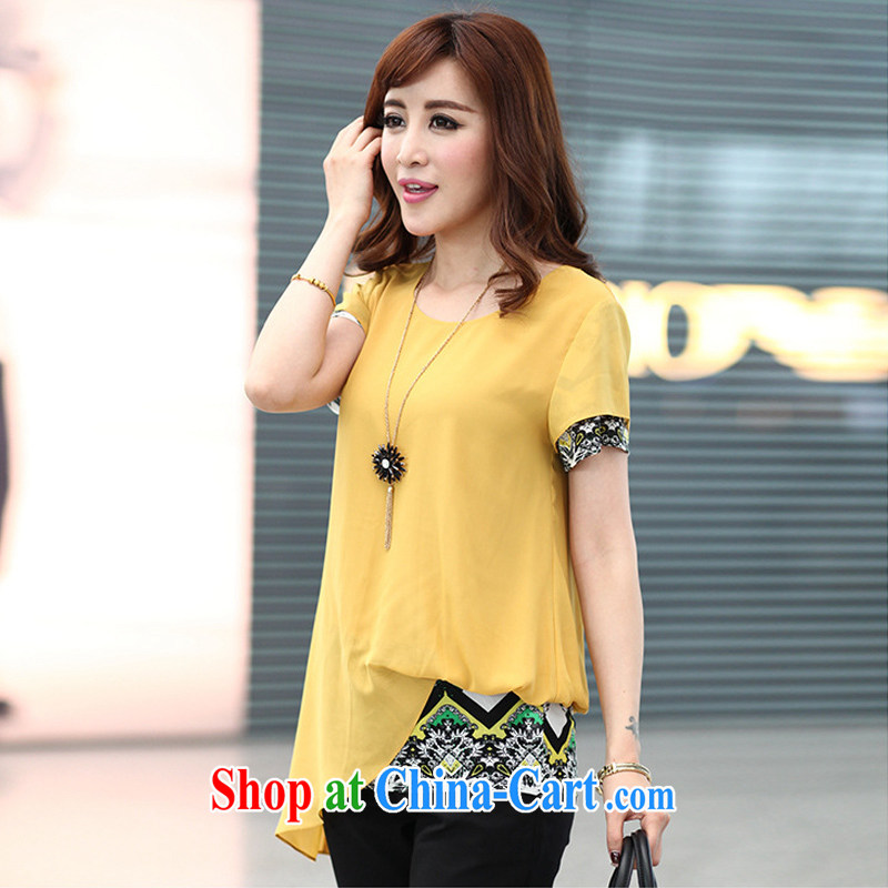 Morning would be 2015 spring and summer with new Korean version is indeed the XL women mm thick beauty graphics thin round-collar short-sleeve leave two snow woven shirts T yellow 5 XL (recommendation 180 - 200 catties, morning, and, shopping on the Internet