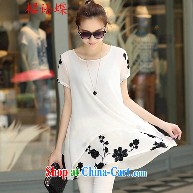 Cherry, butterfly 2015 summer new Korean short-sleeved clothes snow woven shirts Korean version thick MM the Code women dresses white M