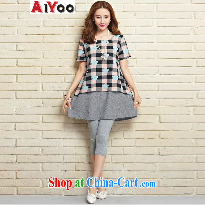 The language _AIYOO_ 2015 spring and summer new leisure T-shirt female Korean relaxed version, the code leave of two parts checked short-sleeved dress 2283 picture color XL