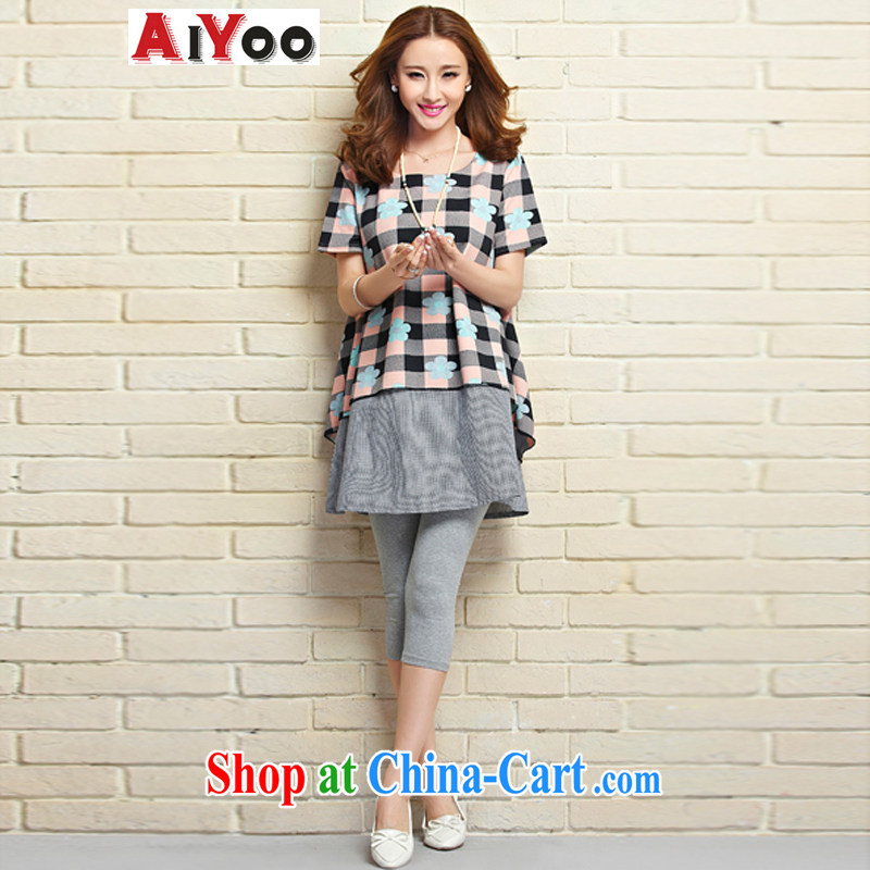 The language (AIYOO) 2015 spring and summer new leisure T-shirt female Korean relaxed version, the code leave of two parts checked short-sleeved dress 2283 picture color XL, the language (AIYOO), online shopping