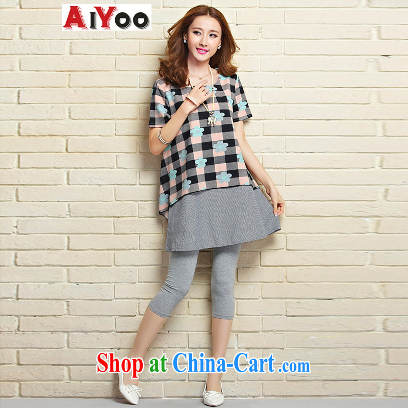 The language (AIYOO) 2015 spring and summer new leisure T-shirt female Korean relaxed version, the code leave of two parts checked short-sleeved dress 2283 picture color XL, the language (AIYOO), online shopping