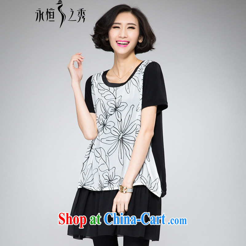 Eternal Soo thick mm larger female dresses 2015 spring and summer new, thick, graphics thin, snow in Europe and woven flowers computer embroidery leave two T shirt dress black 4 XL
