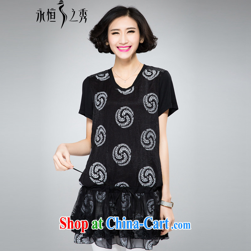 Eternal show the code women dresses 2015 spring and summer fat people graphics thin new expertise in Europe and MM stylish computer embroidery adjustable waist brought graphics thin skirt black 4XL