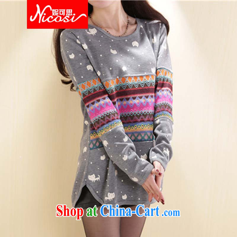 Connie to the Korean edition 2015 spring and summer new women with retro style, long-sleeved cartoon small kitten stamp T pension female gray 4 XL code