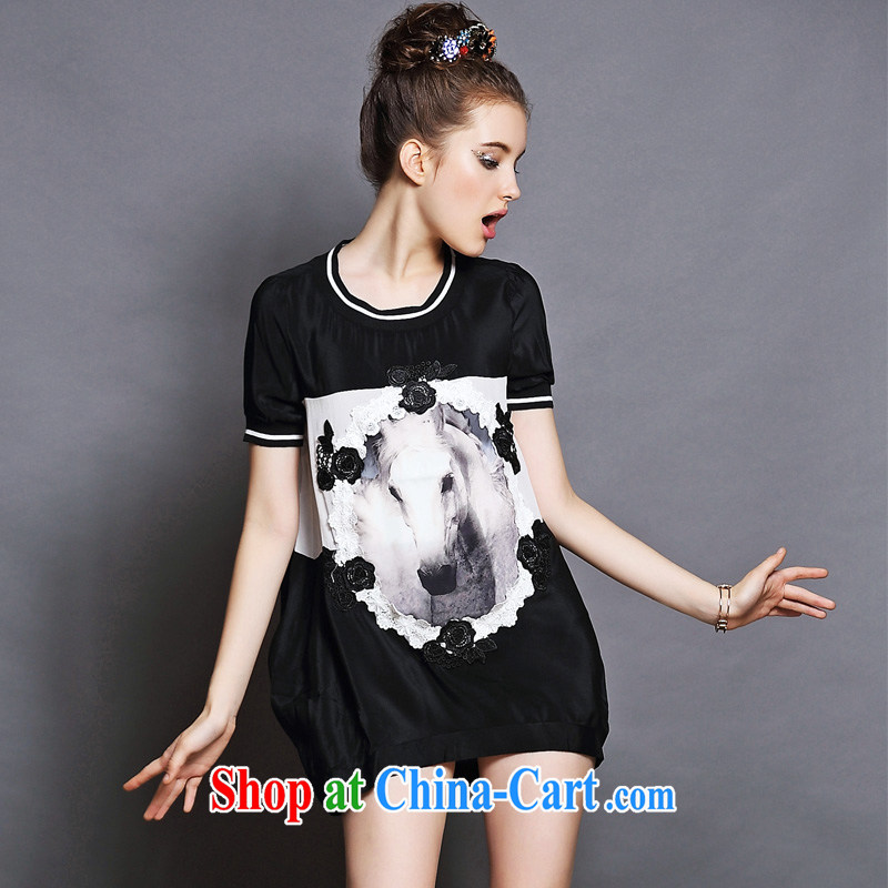 Connie's dream European and American high-end and is indeed increasing, female 200 Jack 2015 summer new round-collar embroidery lace stitching loose short-sleeved dresses G 104 black XXXXL, Connie dreams, shopping on the Internet