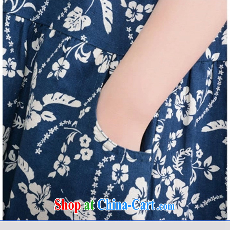 To Love, summer 2015 new female ethnic wind linen floral high-waist graphics thin large, very casual short-sleeved dress dark blue XXL, to love-fang (QIAOAIFANG), online shopping