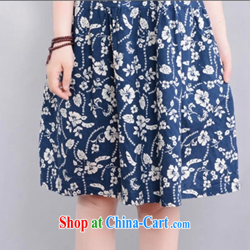 To Love, summer 2015 new female ethnic wind linen floral high-waist graphics thin large, very casual short-sleeved dress dark blue XXL, to love-fang (QIAOAIFANG), online shopping