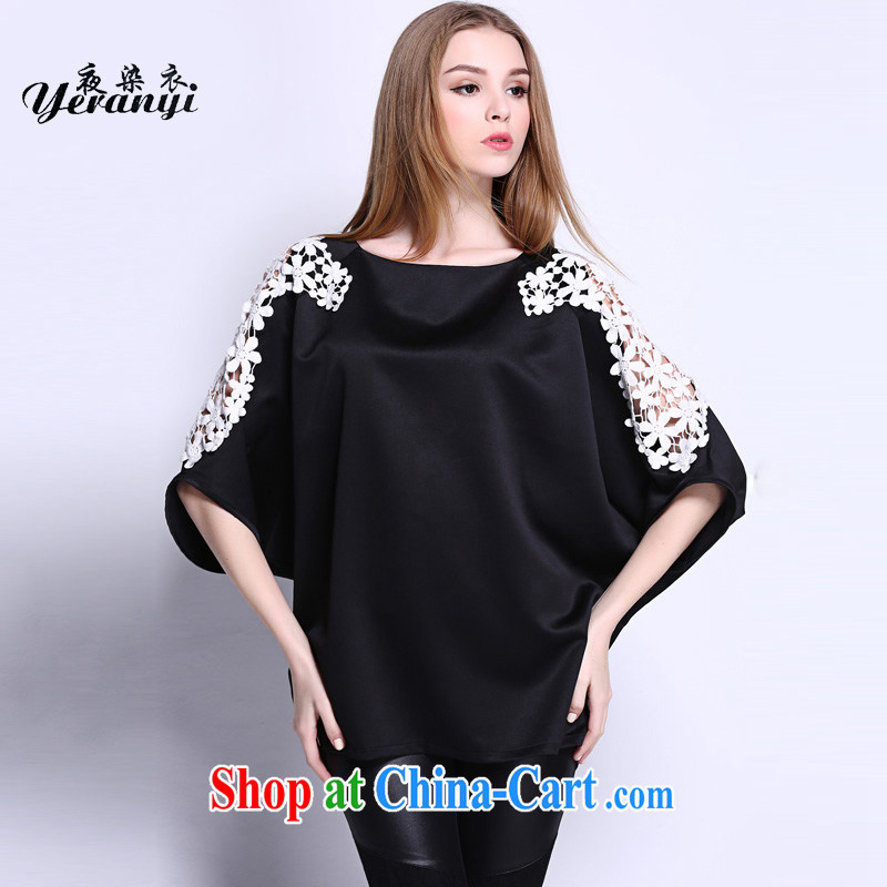 My dyeing clothing summer 2015 new Europe and North America, the female tick take Openwork mm thick loose video thin bat sleeves T-shirt black 3 XL _140 - 155 _ jack