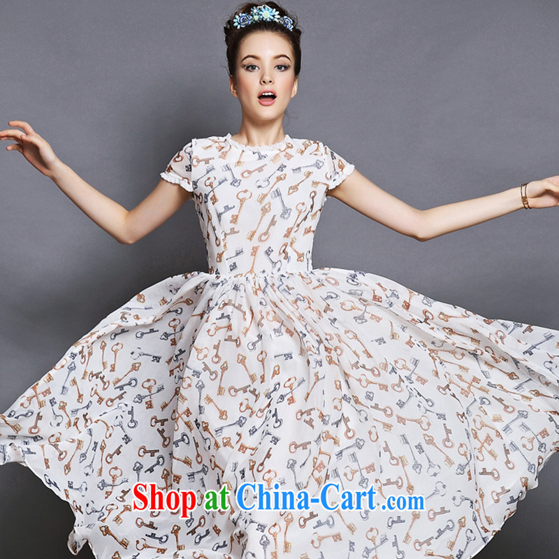 Connie's dream European and American high-end summer dresses and indeed increase, female 2015 summer new noble palace antique key stamp short-sleeved long skirt G 106 white XXXL, Connie dreams, shopping on the Internet