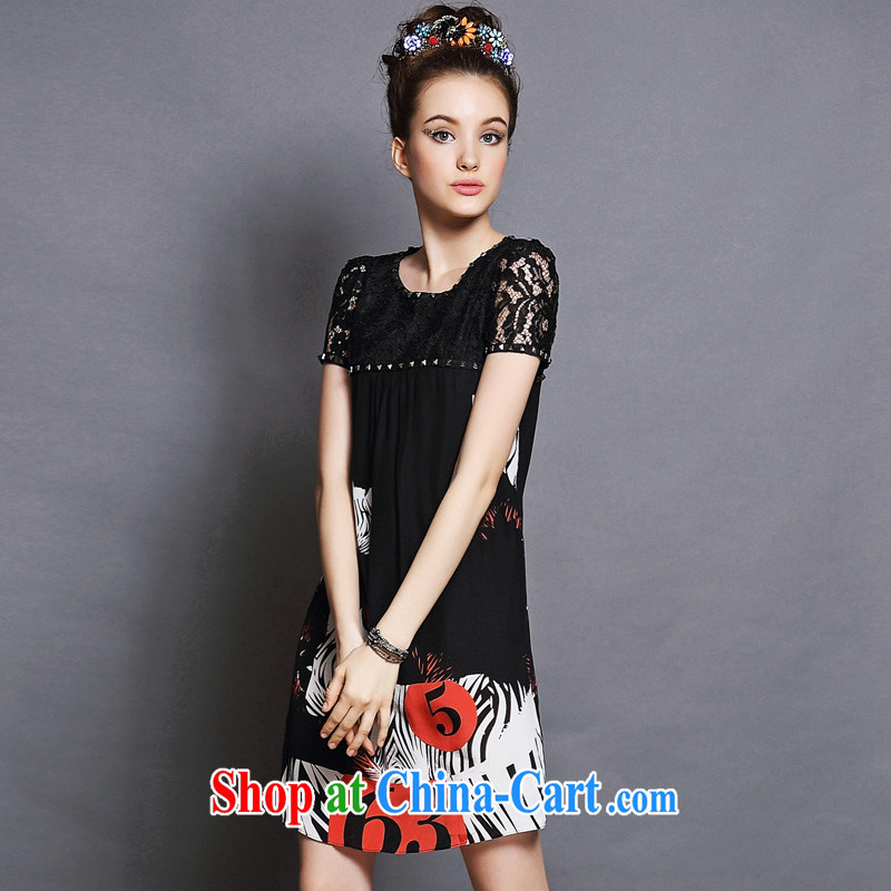 Connie's dream European and American high-end and is indeed increasing, female 200 Jack 2015 summer New Style lace stitching staples Pearl short-sleeved video thin dresses G 120 black XXL, Connie dreams, online shopping