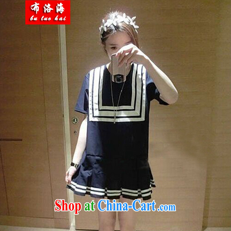 The sea 2015 summer new, larger female increase navy sailors' short-sleeved loose the obesity MM round-collar dresses women 1712 photo color code