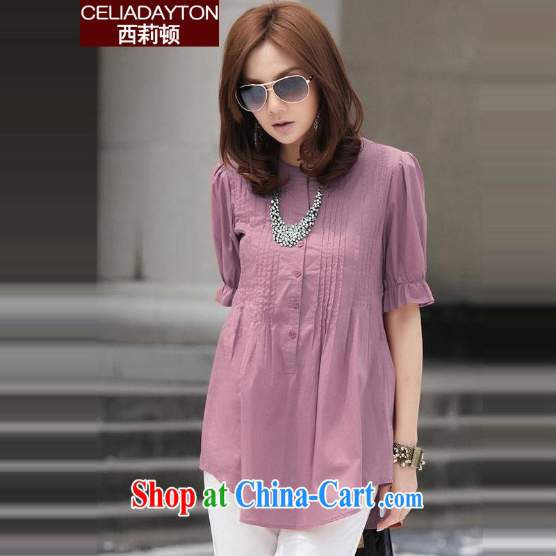 Szili and Macedonia is indeed XL female 2015 summer new thick mm video thin, long style lady cotton Ma shirt thick sister elegant and stylish large T-shirt purple XXXL