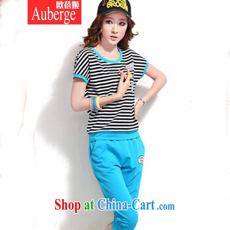The Pei-hee 2015 new summer leisure package Korean Stylish Girl stripes short-sleeve 7 Trouser press kit sportswear blue XXL, Auberge, shopping on the Internet