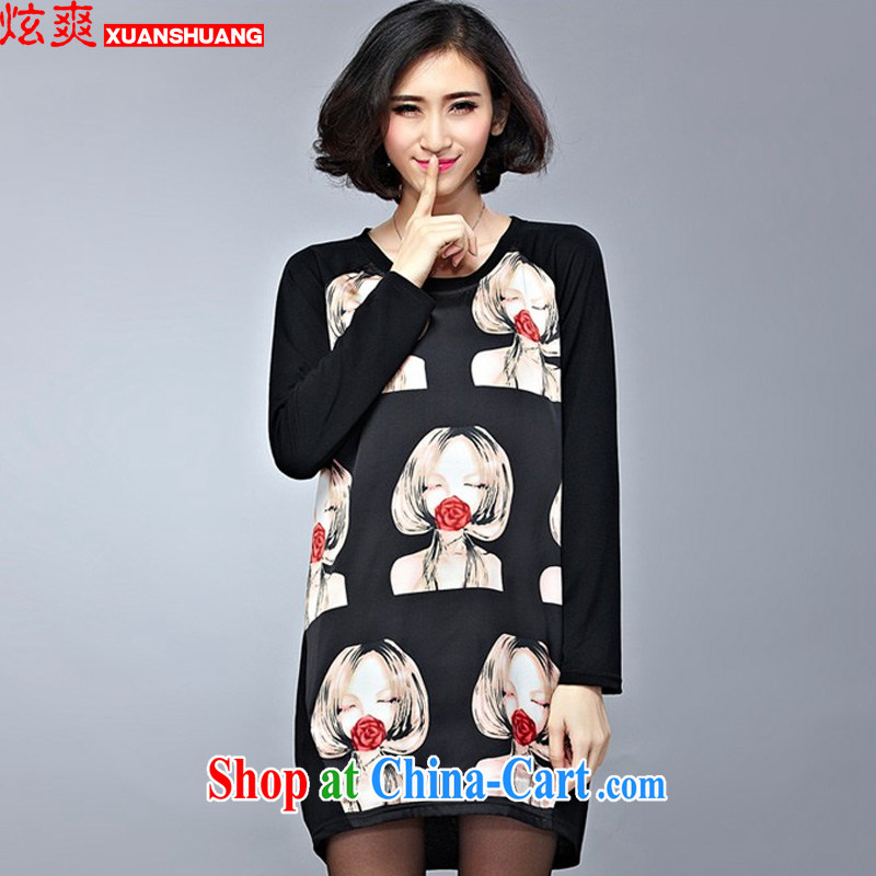 Cool cool 2015 spring loaded thick mm new, larger female T long-sleeved shirt in stamp duty long loose dress black XXXXL